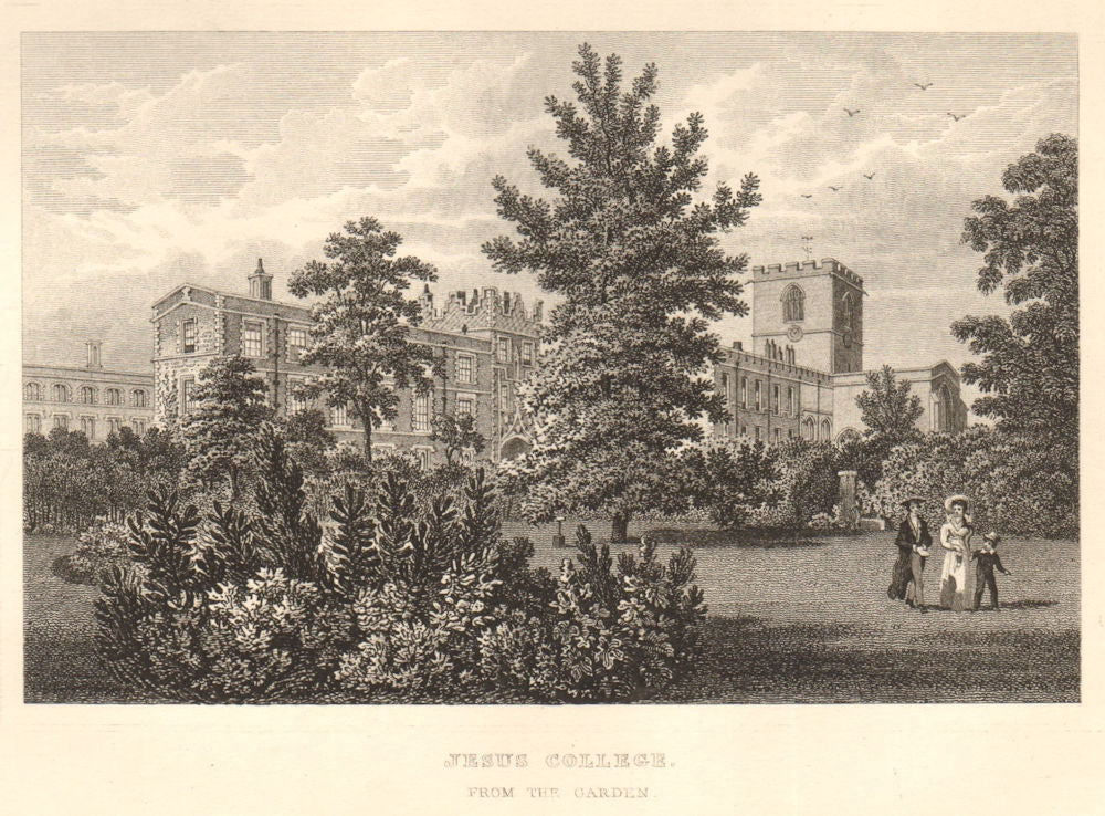 Jesus College from the garden, Cambridge. LE KEUX 1841 old antique print